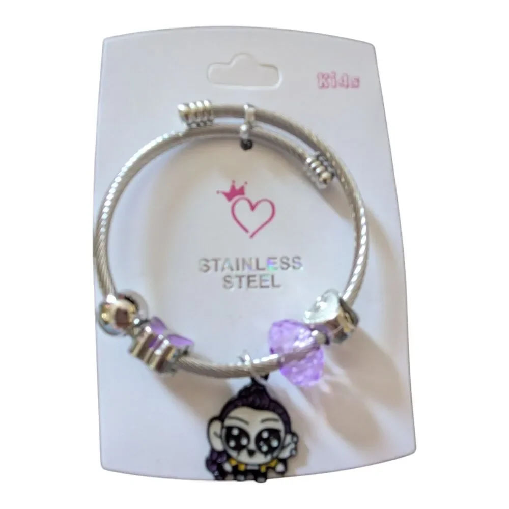 Kids Stainless Steel Charm Bracelet Purple Beads Pandora Style New
